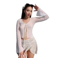Polyester Slim & Crop Top Women Long Sleeve Blouses see through look patchwork white PC