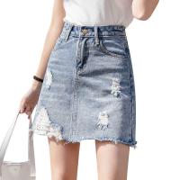 Cotton Ripped & Slim Skirt patchwork Solid blue PC