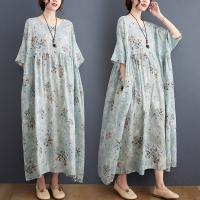 Cotton long style One-piece Dress large hem design & loose floral light blue : PC