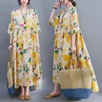 Cotton long style One-piece Dress large hem design & slimming & loose printed floral yellow : PC