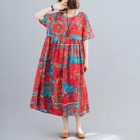 Cotton long style One-piece Dress large hem design & slimming & loose printed shivering red : PC