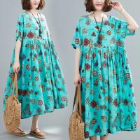 Cotton Linen long style One-piece Dress large hem design & loose shivering green : PC