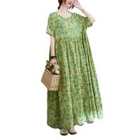 Cotton Linen long style One-piece Dress large hem design & slimming & loose printed shivering green : PC