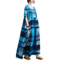 Cotton Linen long style One-piece Dress large hem design & loose printed striped : PC