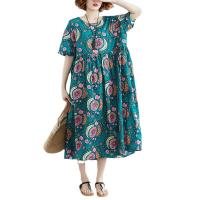 Cotton Linen long style One-piece Dress large hem design & loose printed shivering green : PC