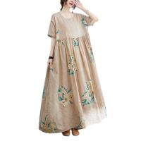 Cotton Linen long style One-piece Dress large hem design & slimming & loose printed floral khaki : PC