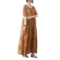Cotton Linen long style One-piece Dress large hem design & slimming & loose printed floral yellow : PC