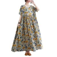 Cotton Linen long style One-piece Dress large hem design & loose printed shivering : PC