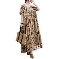 Cotton Linen long style One-piece Dress large hem design & loose printed shivering coffee : PC