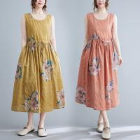Cotton Linen long style One-piece Dress & loose printed floral PC