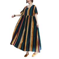 Cotton Linen long style One-piece Dress large hem design & loose printed striped green : PC