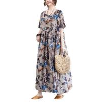 Cotton Linen long style One-piece Dress large hem design & loose printed shivering gray : PC