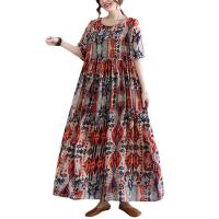 Cotton Linen long style One-piece Dress large hem design & loose printed shivering red : PC