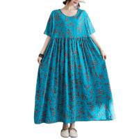 Cotton Linen long style One-piece Dress large hem design & loose printed shivering blue : PC