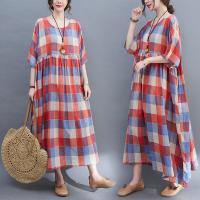 Cotton Linen long style One-piece Dress large hem design & slimming & loose plaid red : PC