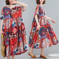 Polyester & Cotton long style One-piece Dress large hem design & loose printed shivering red : PC
