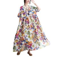 Polyester & Cotton long style One-piece Dress large hem design & loose printed shivering blue : PC