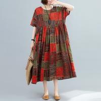 Polyester & Cotton long style One-piece Dress large hem design & loose printed plaid : PC