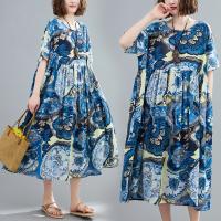 Polyester & Cotton long style One-piece Dress large hem design & slimming & loose printed shivering blue : PC