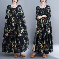Polyester & Cotton long style One-piece Dress large hem design & loose printed shivering Navy Blue PC