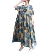 Polyester & Cotton long style One-piece Dress large hem design & loose dot blue : PC