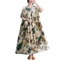 Polyester & Cotton long style One-piece Dress large hem design & loose printed shivering green : PC