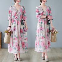 Polyester One-piece Dress mid-long style & deep V & loose printed shivering pink PC