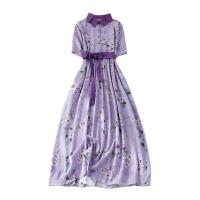Cotton long style One-piece Dress & with belt & loose printed shivering purple PC