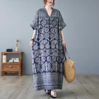 Polyester long style One-piece Dress slimming & deep V & loose printed blue : PC