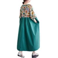 Cotton long style One-piece Dress large hem design & deep V & loose green : PC