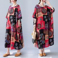 Polyester & Cotton long style One-piece Dress large hem design & slimming & loose printed PC