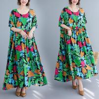 Polyester & Cotton long style One-piece Dress loose printed leaf pattern green : PC