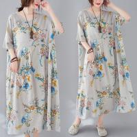 Cotton Linen long style One-piece Dress deep V & loose printed floral grey and blue : PC