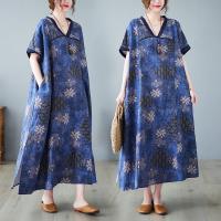 Polyester long style One-piece Dress deep V & side slit & loose & with pocket printed blue : PC