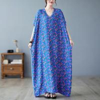 Rayon long style One-piece Dress deep V & loose printed shivering blue : PC