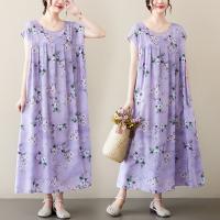 Polyester long style One-piece Dress loose & with pocket printed floral purple : PC