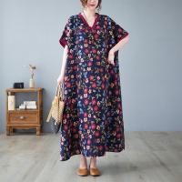 Polyester long style One-piece Dress deep V & side slit & loose & with pocket printed floral Navy Blue : PC