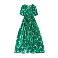Polyester & Cotton long style & High Waist One-piece Dress deep V & loose printed shivering green PC