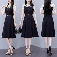 Polyester Waist-controlled & Slim & Plus Size One-piece Dress mid-long style patchwork dot black PC