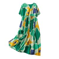 Polyester & Cotton long style One-piece Dress large hem design & slimming & loose printed green : PC
