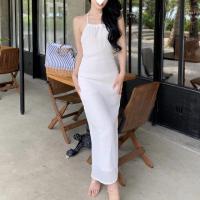 Polyester One-piece Dress mid-long style & side slit & backless patchwork Solid white PC