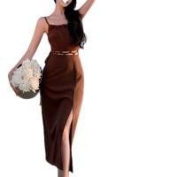 Polyester Sexy Package Hip Dresses mid-long style & side slit patchwork Solid khaki PC