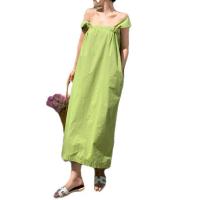 Polyester One-piece Dress mid-long style & slimming & backless patchwork Solid green PC
