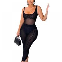 Polyester Women Casual Set see through look & backless & two piece Long Trousers & teddy black Set