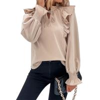 Polyester scallop Women Long Sleeve Shirt & loose patchwork Solid Apricot PC