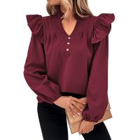 Polyester scallop Women Long Sleeve Shirt & loose patchwork Solid wine red PC