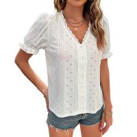 Spandex & Polyester Women Short Sleeve Shirt & hollow patchwork Solid white PC