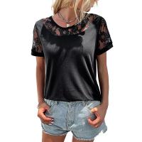 Spandex & Polyester Women Short Sleeve T-Shirts Lace patchwork Solid black :XL PC