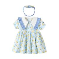 Cotton Baby Clothes Set & two piece headband & dress printed shivering sky blue Set