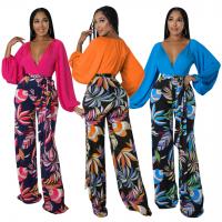 Polyester Women Casual Set deep V & two piece & loose Long Trousers & top printed Set